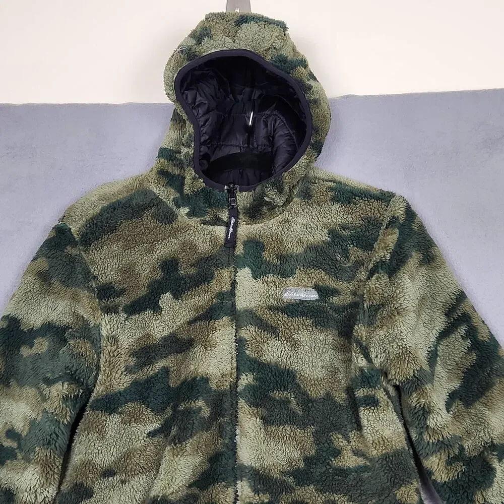Eddie Bauer Jacket Boys Large Green Black Reversible Camo Hooded Puffer Coat